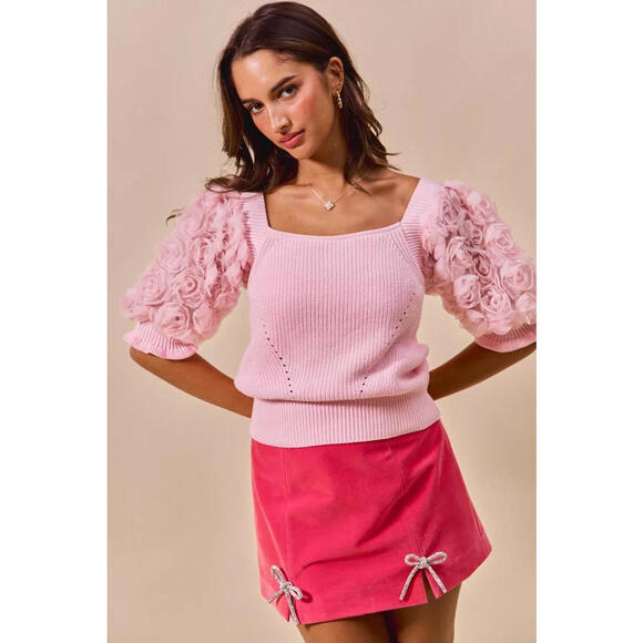 Rosette Sleeves Square Neck Sweater Knit Top - Picture 9 of 9